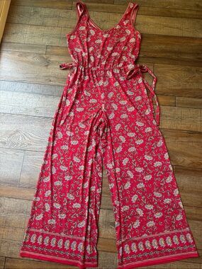 Max Studio Red Floral Tie-Waist Wide-Leg Jumpsuit